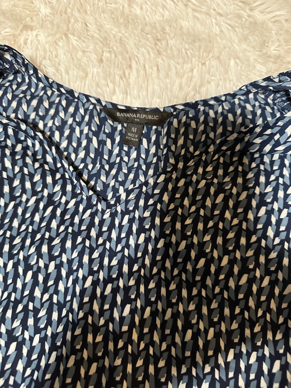 Banana Republic Navy and White Geometric V-Neck Top